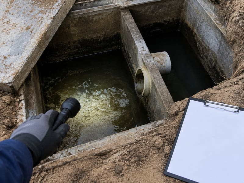 Looking into an open septic tank during an inspection
